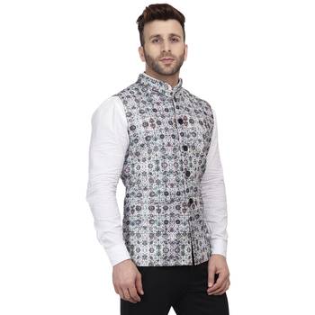 White Printed Pure Cotton Knitted Stretch Nehru Jacket 3