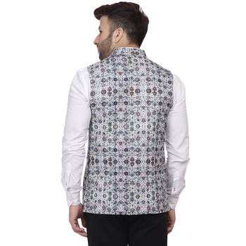 White Printed Pure Cotton Knitted Stretch Nehru Jacket 4