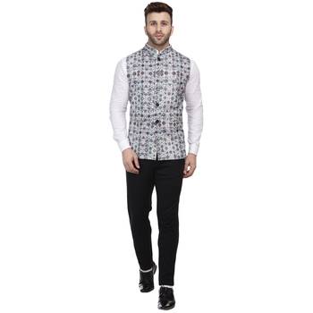 White Printed Pure Cotton Knitted Stretch Nehru Jacket 5