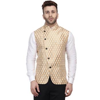 Gold Printed Jacquard Nehru Jacket 1