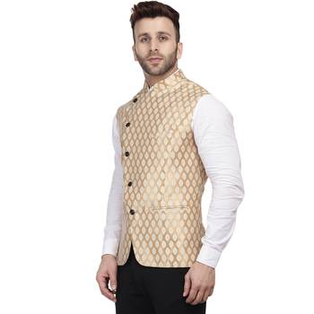 Gold Printed Jacquard Nehru Jacket 2