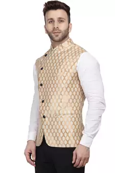 Gold Printed Jacquard Nehru Jacket