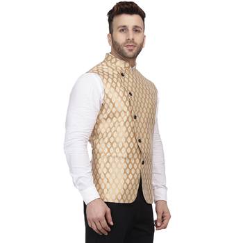 Gold Printed Jacquard Nehru Jacket 3