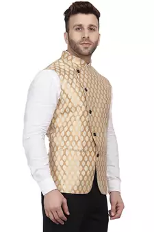 Gold Printed Jacquard Nehru Jacket