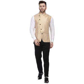 Gold Printed Jacquard Nehru Jacket 5