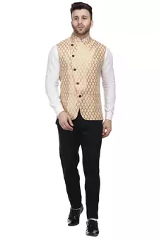Gold Printed Jacquard Nehru Jacket