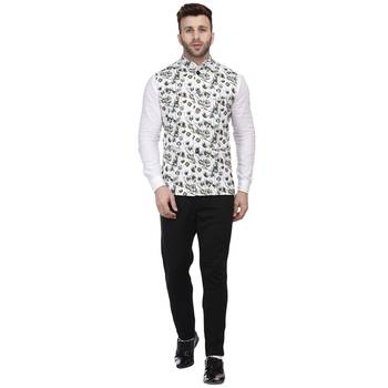 White printed pure cotton knitted stretch nehru-jacket 1