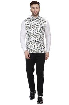 White printed pure cotton knitted stretch nehru-jacket