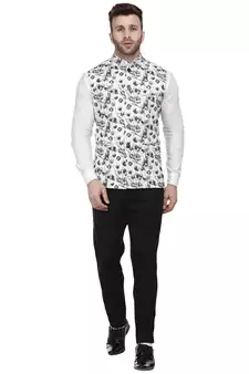 White printed pure cotton knitted stretch nehru-jacket