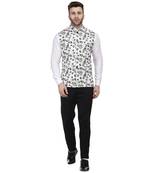 White printed pure cotton knitted stretch nehru-jacket