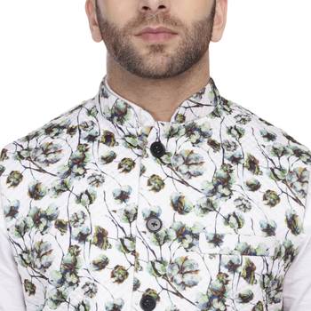 White printed pure cotton knitted stretch nehru-jacket 2