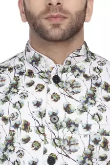 White printed pure cotton knitted stretch nehru-jacket