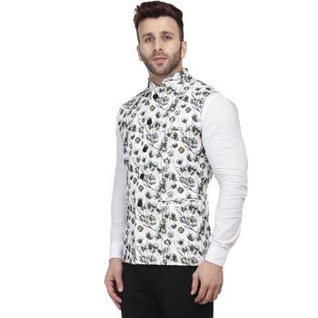 White printed pure cotton knitted stretch nehru-jacket 4