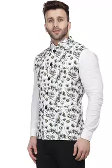 White printed pure cotton knitted stretch nehru-jacket