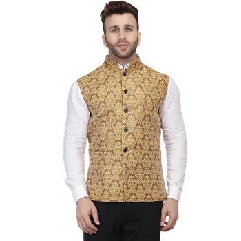 Gold Printed Jacquard Nehru Jacket 1
