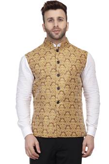 Gold Printed Jacquard Nehru Jacket
