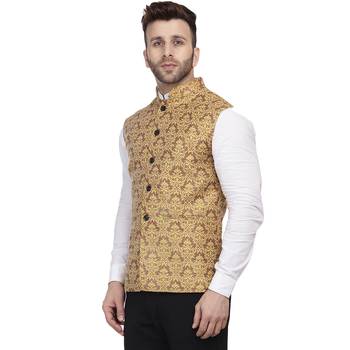 Gold Printed Jacquard Nehru Jacket 2