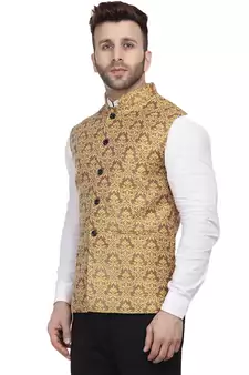 Gold Printed Jacquard Nehru Jacket