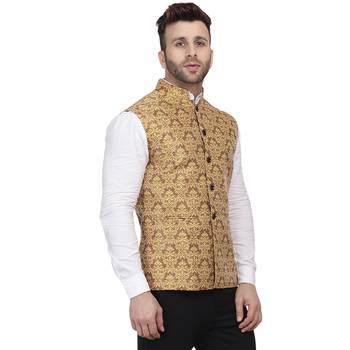 Gold Printed Jacquard Nehru Jacket 3