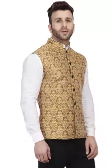 Gold Printed Jacquard Nehru Jacket