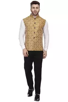 Gold Printed Jacquard Nehru Jacket