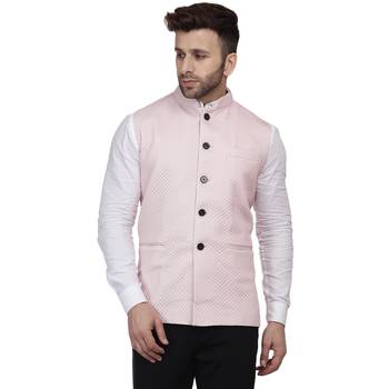 Pink Plain Pure Cotton Knitted Stretch Nehru Jacket 1