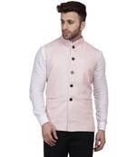 Pink Plain Pure Cotton Knitted Stretch Nehru Jacket