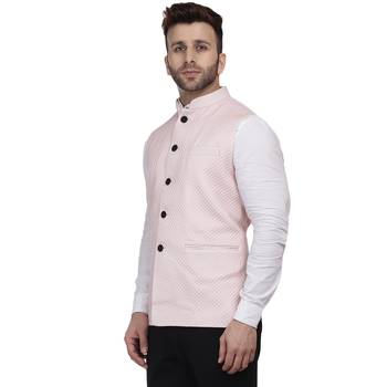 Pink Plain Pure Cotton Knitted Stretch Nehru Jacket 2