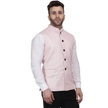 Pink Plain Pure Cotton Knitted Stretch Nehru Jacket 3