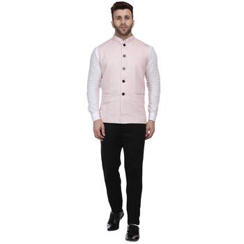 Pink Plain Pure Cotton Knitted Stretch Nehru Jacket 5