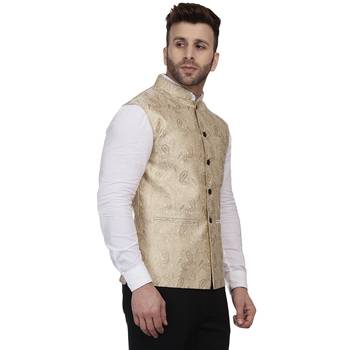 Gold Printed Jacquard Nehru Jacket 3