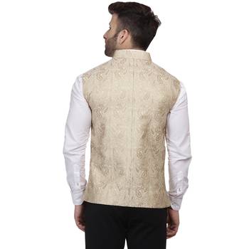 Gold Printed Jacquard Nehru Jacket 4