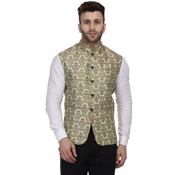 Green Printed Jacquard Nehru Jacket 1