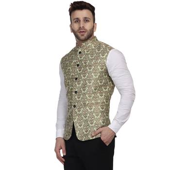 Green Printed Jacquard Nehru Jacket 2