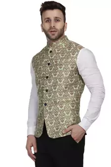Green Printed Jacquard Nehru Jacket
