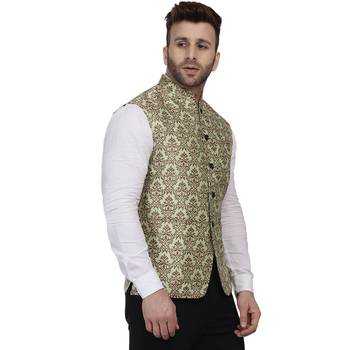 Green Printed Jacquard Nehru Jacket 3