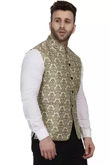 Green Printed Jacquard Nehru Jacket