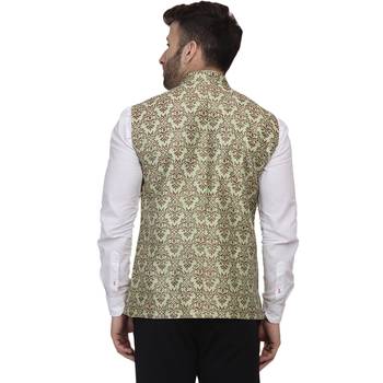 Green Printed Jacquard Nehru Jacket 4