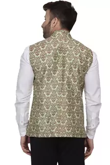Green Printed Jacquard Nehru Jacket