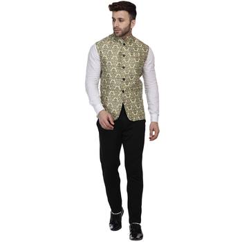 Green Printed Jacquard Nehru Jacket 5