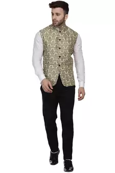 Green Printed Jacquard Nehru Jacket