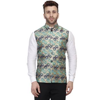 Green Printed Jacquard Nehru Jacket 1
