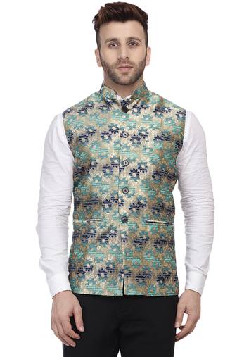 Green Printed Jacquard Nehru Jacket
