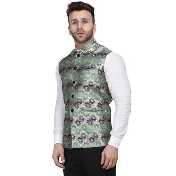 Green Printed Jacquard Nehru Jacket 2