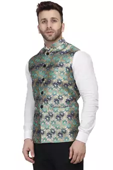 Green Printed Jacquard Nehru Jacket