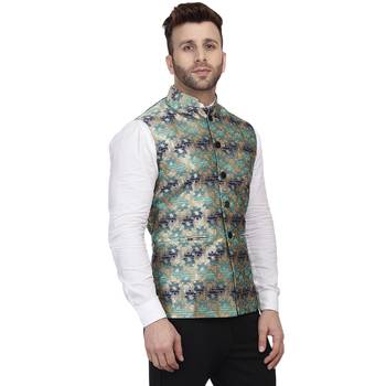 Green Printed Jacquard Nehru Jacket 3