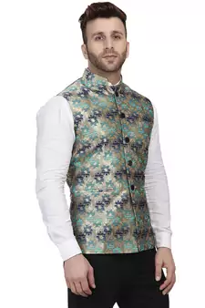 Green Printed Jacquard Nehru Jacket