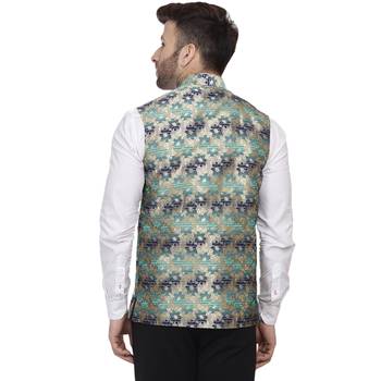 Green Printed Jacquard Nehru Jacket 4