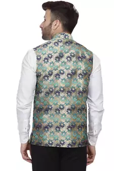 Green Printed Jacquard Nehru Jacket