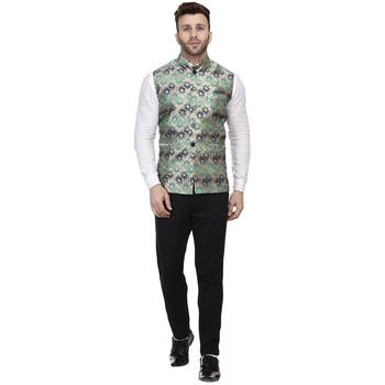 Green Printed Jacquard Nehru Jacket 5